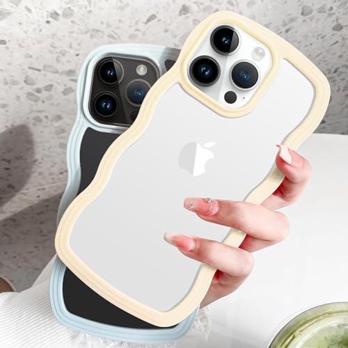 Image of MIDOS Back Cover Compatible with iPhone 14 Pro Max, Cute Curly Wave Frame Clear Case for Girls Women, Transparent Soft Silicone TPU Bumper Shockproof Protective Cover for iPhone 14 Pro Max (Yellow)