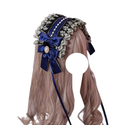 Bandeau gothique Lolita dentelle accessoires cheveux fille bleu marine serre-tête perles