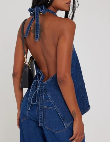 Kedera Women's Tie Up Denim Vest Button Down Backless Denim Tank Top V Neck Sexy Loose Fashion Cropped Vest4