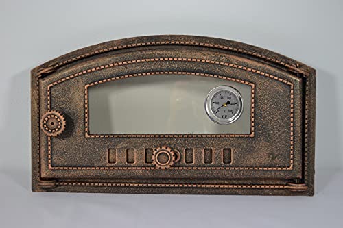 SEZAM Porta da forno in ghisa con termometro 500°C vetro resistente al calore, apertura a destra, porta del forno per pizza, forno per il pane, in pietra, 48,5 x 6,5 x 27,5 cm semicircolare color rame