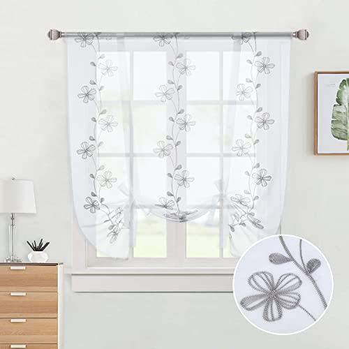 CAROMIO Store bateau brodé avec ruban - Rideau de cuisine - Rideau semi-transparent - Style maison de campagne - Gris - 100 x 140 cm