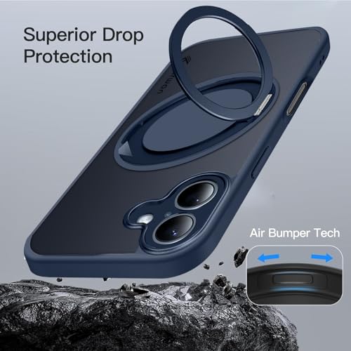 Image of KARWAN Tough Shockproof Armor Back Case Cover Compatible with iPhone 16 with 360 Degree Rotation Magnetic Attraction Ring Holder Heavy Duty Rugged Cover with Magnetic MagEase Wireless Charging (Blue)