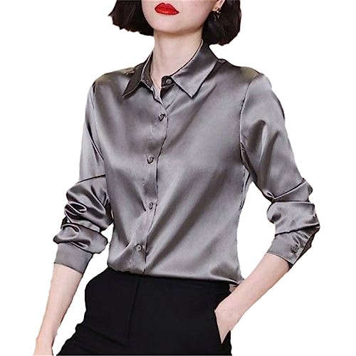 Women Silk Long Sleeve Shirts Elegant Satin Button Up Office Lady Blouses