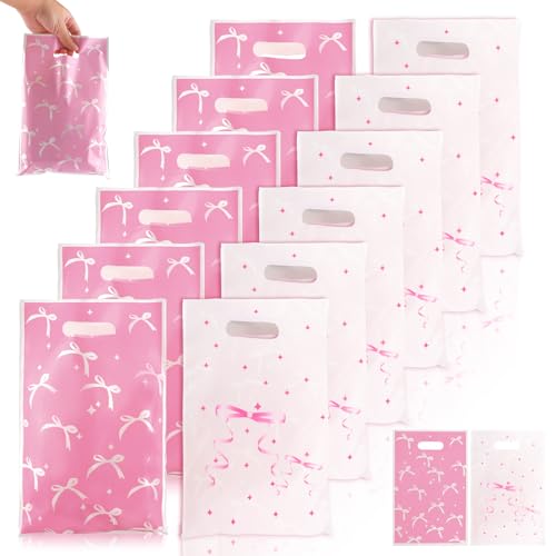 Pink Bow Gift Bags - 30 PCS Candy Goodie Treat Bags Retail Shopping Bag Bow Party Favors Bag Cute Plastic Pink Bows Decorations for Birthday Bridal Shower Engage Wedding Sweet Party Supplies