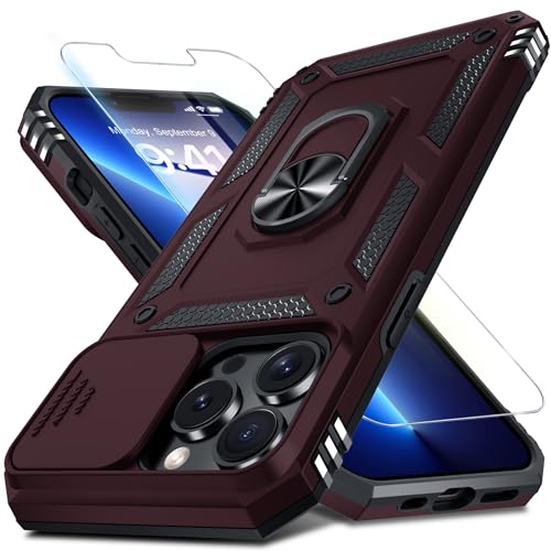 Coque iPhone 14 Pro Max antichoc Janmitta bordeaux avec anneau support béquille