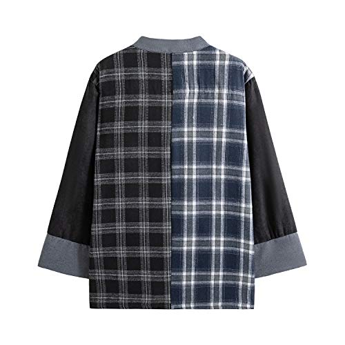 Image of Mens Japanese Kimono Cardigan Cotton Linen Haori Fashion 3 /4 Sleeve Yukata | Shawl Collar Kimono Jacket Robe Embroidery Patchwork Happi Coat Tie Pockets Lightweight Outerwear Daily Casual All Seasons