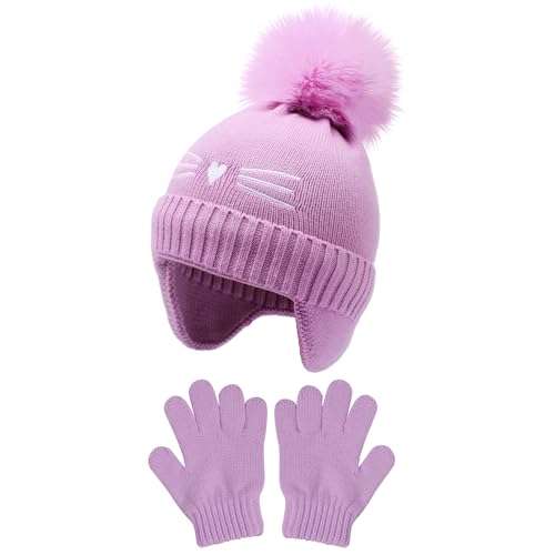 Girls Winter Hat and Gloves Set, Kids Cat Embroidered Knit Beanie with Earflaps Fleece Lined Pom Pom Ski Cap for 2-10Y
