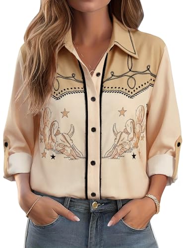 MYMORE Women's Plus Size Western Cowgirl Long Sleeve Button Down Shirt Blouse Graphic Dressy Cowboy Horse Print Shirts Top Rodeo Outfits Wear Clothes Tan 3XL