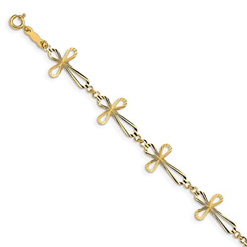 Solid 14k Yellow Gold Diamond-Cut Open Cross Bracelet