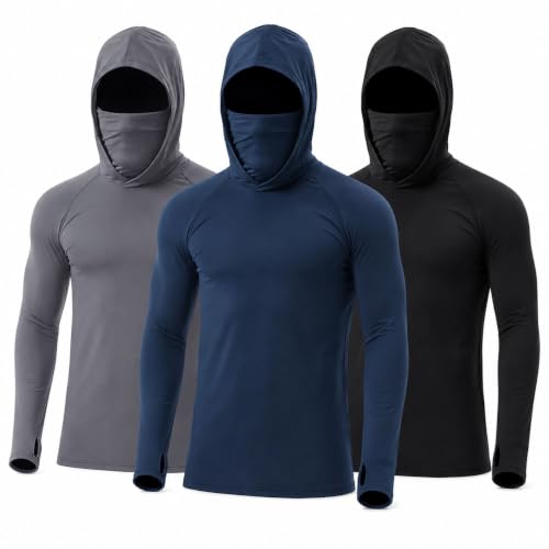 3 Pack Men's UPF 50+ Sun Protection Hoodies, Long Sleeve Moisture Wicking Shirts with Face Mask for Fishing Black Grey Blue by Generic - Used condition - US$26.62