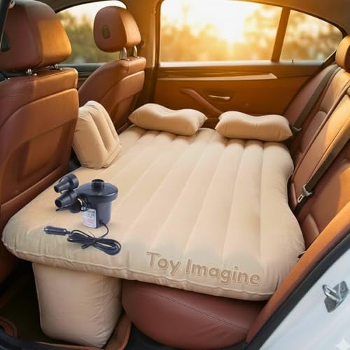 Image of Toy Imagine Car Air Mattress with Pillows & Pump Inflatable Back Seat Bed for Travel, Camping, Long Drives & Family Trips Universal Car Sleeping Bed (Beige)