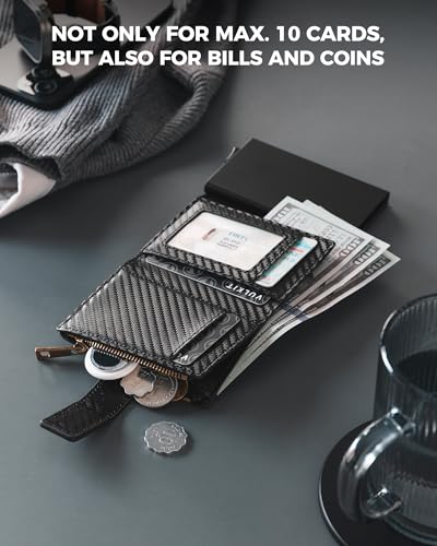 VULKIT Mens Wallet RFID Protected with Chain, POP UP Credit Card Ejector Case, ID Window, Zipper Pocket for Coins and Compartment for Bills/Banknotes, Carbon Black4
