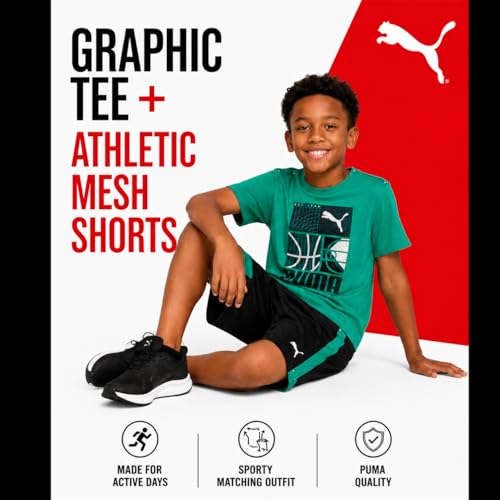 Image of PUMA Boys Short Set - 2 Piece Short Sleeve Crewneck Performance Graphic Tees and Athletic Mesh Shorts for Boys (Sizes: 4-16)