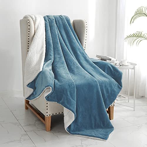Walensee Sherpa Fleece Blanket (Throw Size 50”x60” Slate Blue) Plush Throw Fuzzy Super Soft Reversible Microfiber Flannel Blankets for Couch, Bed, Sofa Ultra Luxurious Warm and Cozy for All Seasons