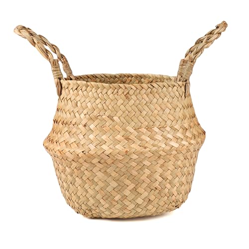 BlueMake Woven Seagrass Wicker Basket with Handle - Planters for Indoor Plants, Storage & Picnic Basket Organizer, Garden Basket Fits 6-7 Inch Plant Pots & Groceries (Small, Original)