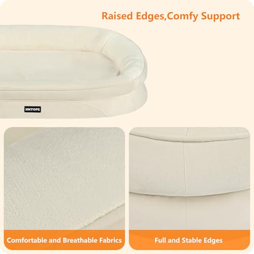 HMTOPE Orthopädisches Hundebett, Hundesofa, Vierseitiges Nackenrolle Kissen, rutschfeste Unterseite Hundekorb, Abnehmbar und Waschbar, Mittelgroße Hunde, Grosse Hunde, 106 x 79 x 17 cm, Beige