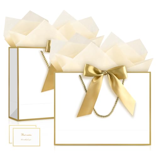 Image of JMANNI Gift Bags with Handles, 11 inch Small Gift Bag for Presents, 2 Pcs Bags with 4 Tissue Paper and 2 Cards for Graduation Baby Shower Wedding Fathers Day Mother's Day Birthday Party (Golden-White)