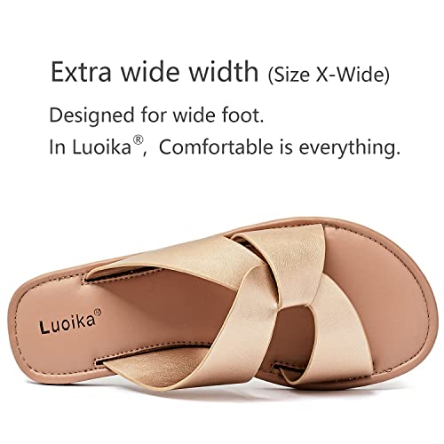 Image of Luoika Women's Wide Width Flat Slides Sandals, Strapy Slide Sandal Slip on Dressy Summer Shoes for Women.
