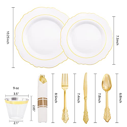 Liacere 350Pcs Gold Plastic Plates - Disposable White And Gold Plastic Plates Include 100Plates, 50Pack Pre Rolled Napkins With Gold Plastic Silverware And 50Cups Perfect For Wedding & Party #TOP2