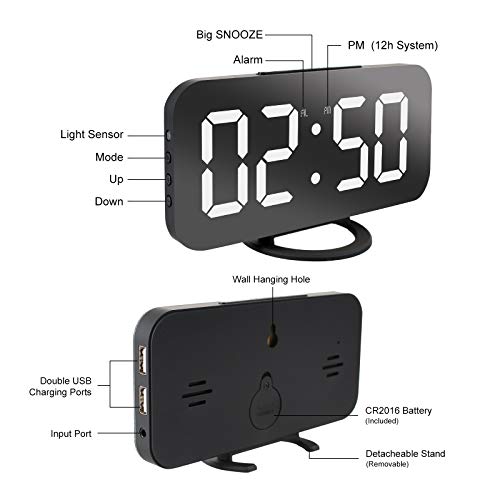 Image of Lamisola Digital Alarm Clock, Large LED Mirror Display,2 USB Charging Ports,Auto Adjustable Brightness,Aesthetic Modern Clocks for Bedroom Living Room Office,Black