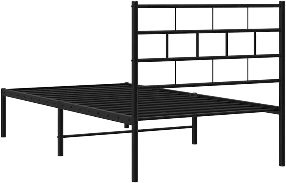 Metal Bed Frame Black Steel Single Size 39.4 x 74.8 in Durable Platform Foundation with Slatted Sturdy Design Headboard for Modern Bedroom Storage and Mattress Support