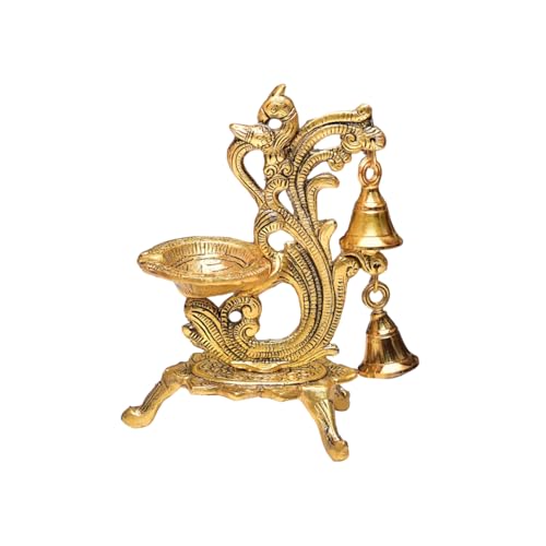 Image of Saudeep India Oxidized Metal Diya for Puja | Peacock Design Oil Diwali Lamp | Antique Akhand Diya for Temple, Home Decor, Pooja Room, Festivals (Gold, 14x9x20cm) (Pack of 1)