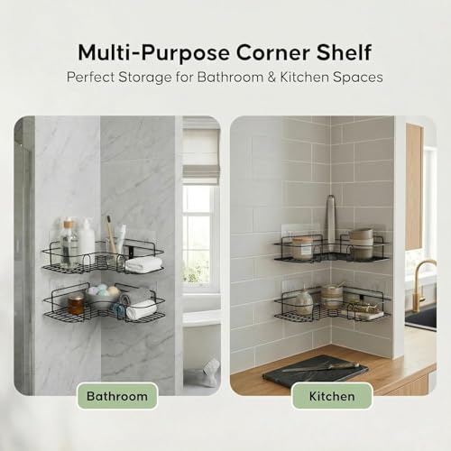Image of Corner Shower Caddy Shelf Set of 2 | Self Adhesive Bathroom Shelf Organizer | Rustproof Wall Mounted Bathroom Rack for Shampoo, Soap & Toiletries | No Drilling Storage Basket
