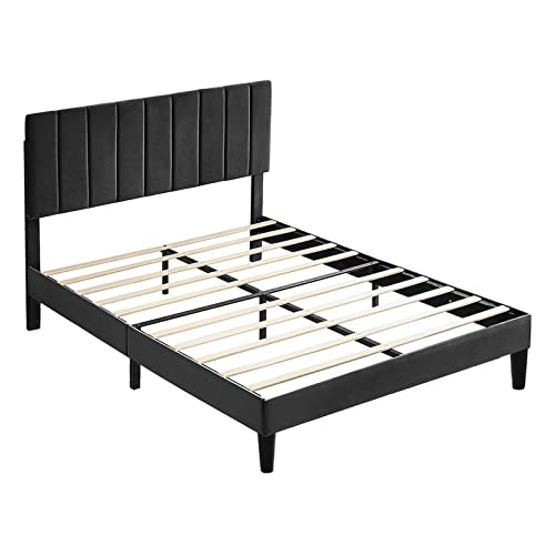 Full Platform Bed Frame Black Velvet Upholstered Bed Frame With Vertical Geometric Adjustable Headboard,Wooden Slats Support,No Box Spring Needed,Mattress Foundation,Easy Assembly,Noise Free Design #TOP3