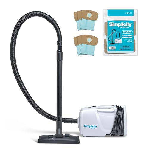 Image of Simplicity Vacuums Bundle with Sport Canister Vacuum Cleaner and Vacuum Bags, Portable Vacuum Cleaner for Hard Floors with Attachments and Storage Bag, Shoulder Vacuum, White
