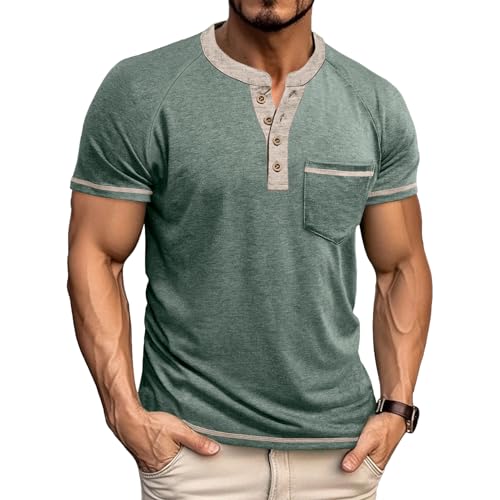 Mens Henley Shirts Short Sleeve Casual Button Basic T-Shirts Summer Classic Vintage Tee Shirts with Pocket