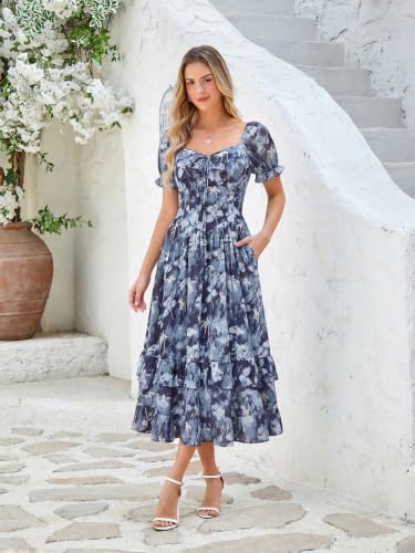 Image of Scarlet Darkness Women Floral Maxi Dress Puff Sleeve Tea Party Corset Dress | Pockets, Ruched Bust, Ruffled Hem, for Cottagecore Fairy Milkmaid Vacation
