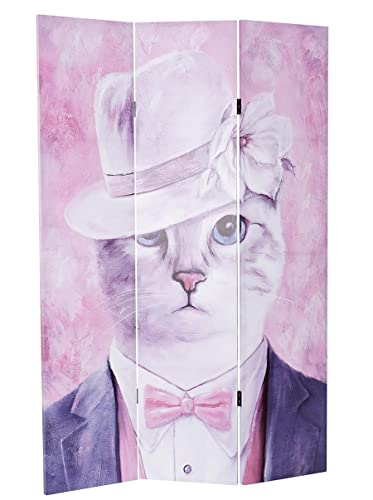 JUANIO Biombo 2 Caras de 3 Paneles en Pino y Tela Color Rosado diseño Gato - Ancho 120 x Alto 180 x Fondo 2 cm