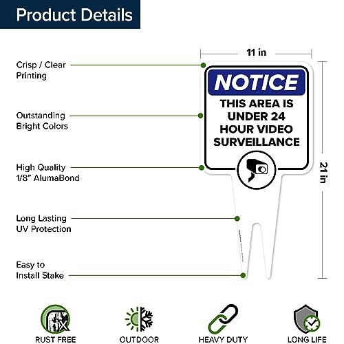Image of Notice, This Area is Under 24 Hour Video Surveillance Sign, 11x21, Heavy Duty Integrated Ground Stakes, Indoor /Outdoor Use, Rust Free Aluminum Composite, Made in USA by My Sign center