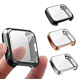 3 Packs Screen Protector Compatible Fitbit Versa Lite Edition, GHIJKL Ultra Slim Soft Full Cover Case for Fitbit Versa Lite Edition, Black, Silver, Rose Gold