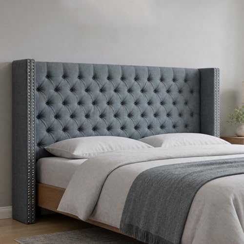 Image of Madison Park King Wingback Upholstered Tufted Headboard, Featuring High-Density Sponge Padding, Adjustable Height Headboard, Easy Assembly, Dark Grey Woven