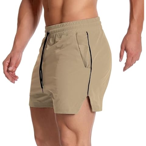 MAIKANONG Men Athletic Gym Shorts 5" Lightweight Running Workout Shorts Quick Dry Bodybuilding Shorts with Zip Pockets Khaki Cover