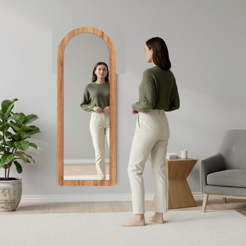 Image of Creative Arts n Frames 15x51 inch Long Fiber Wood Arched Wall Hanging Mount HD Mirror Home Decor Items Living Room Bathroom Bedroom Hotel Office (Natural Iqurel Oak Light Framed HD Arch Mirror)
