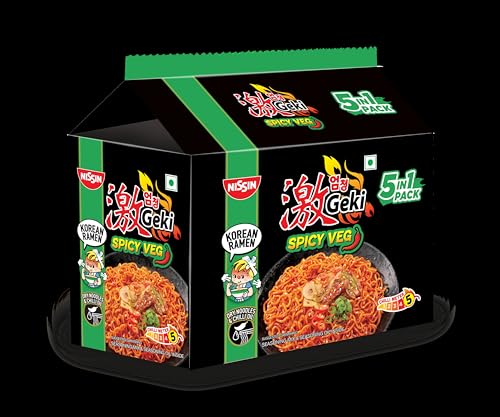 Image of Nissin Geki Korean Ramen Spicy Veg Instant Noodles-5 in1,400gm (Pack of 3)