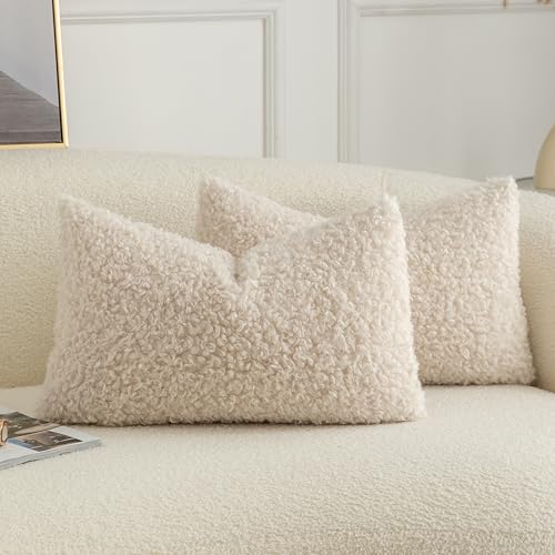 Image of Pack of 2 Curly Teddy Wool Faux Fur Throw Pillow Covers Fuzzy Accent Soft Sherpa Pillowcases Sheepskin Fleece Decorative Cushion Case for Sofa Couch Living Room 12x20 Inch Neutral Light Beige