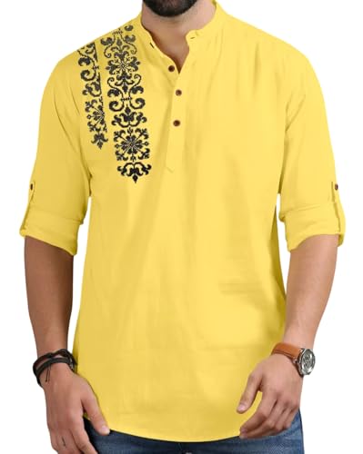 Image of FINIVO FASHION Men's Regular Fit Cotton Blend Kurta Shirt | Full Sleeve Ethnic Shirt with Mandarin Collar and Button Placket | Casual Kurta for Daily and Traditional Use