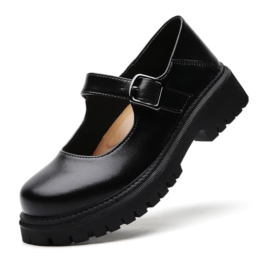 XMM Mary Jane Shoes Platform Chunky Mary Janes for Women Ladies Comfort Leather Round Toe Non-Slip Dressy Casual Cute Girls School Work Shoes