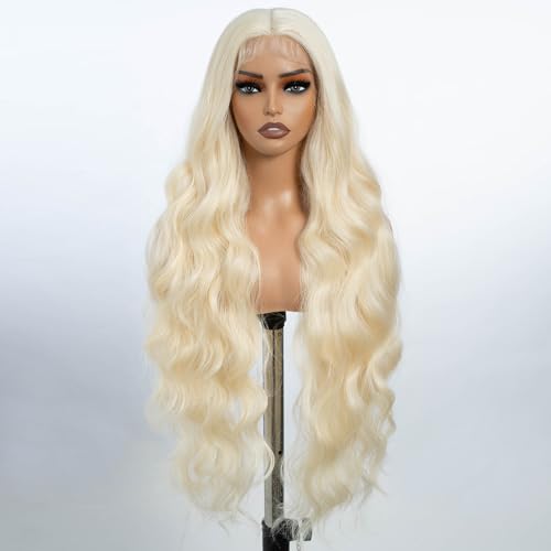 DÉBUT Long Wavy Synthetic Lace Front Wig Body Wave 13x4 Middle Part Blonde Wigs Slight Pre Plucked Hairline with Baby Hair 613 Color 36 Inches