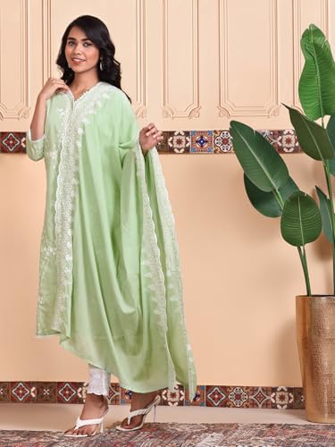 Image of ishin Thread Work Straight Kurta With Pants and Scalloped Schiffli Dupatta