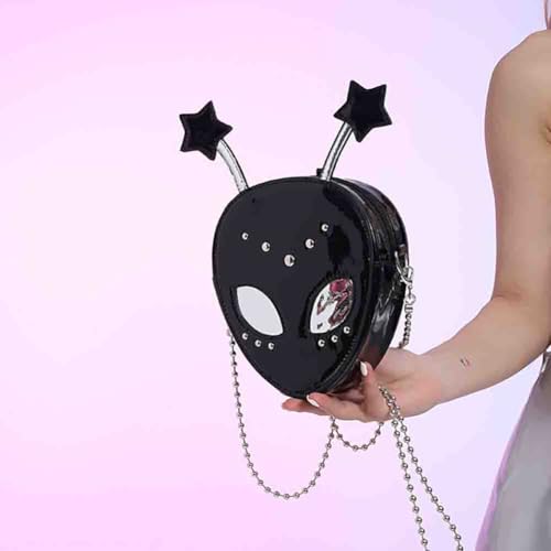 Women’s Wacky Alien Shaped Shoulder Bag, PU Leather Glossy UFO Chain Clutch Purse, Novelty Riveted Cartoon Crossbody Bag2