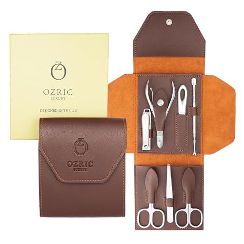 Ozric - Set per manicure, 7 pezzi, kit per pedicure e cura delle unghie, in acciaio inox, con tagliaunghie, lima, pinzetta, tronchesina cuticole, forbici e pulitore, con custodia da viaggio in pelle