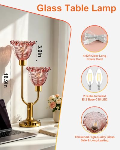 Image of Lightdot Flower Glass Table Lamp for Bedroom Vintage Pink Lamp Dimmable | Mid Century Modern Gold Desk Lamp 2 Bulbs Included Warmwhite Ambient Nightstand Bedside Lamps for Living Room Home Decor Gift