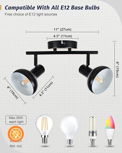 Image of HiBay 2-Light Track Lighting, Modern Directional Ceiling Light Fixture Black, Ceiling Track Spotlight Indoor for Bedroom Kitchen Living Room, E12 Base (Bulbs Not Included)
