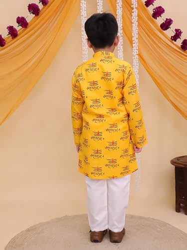 Image of AJ DEZINES Boys Cotton Full Sleeve Letter Printed Kurta Pajama Set for Kids - Ethnic wear | Special Occasion & Traditional Outfit |Boys Kurta Set - Regular Fit