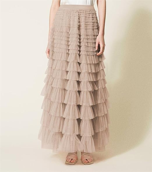 Generic KELYWELL Long Maxi Tiered Tulle Skirts for Women's High Waisted A-Line Layered Mesh Tutu Skirt Sweet Ruffle Petticoat3