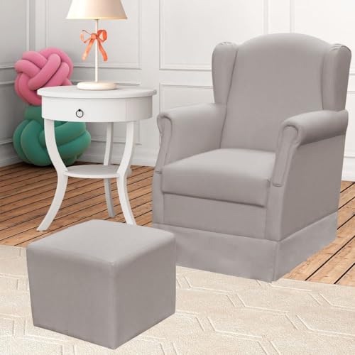 Poltrona de Amamentação com Balanço e Puff Elisa P02 Linho Bege - Lyam Decor